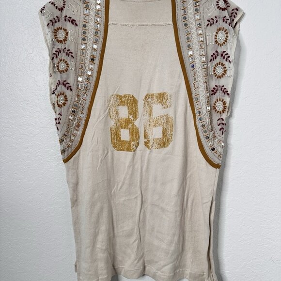 Free People We The Free Embellished  Tee Sequin Los Angeles 86 Size L Cream - Picture 3 of 7